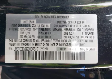 2016 Mazda Cx-9 Grand Touring z USA, uszkodzony, nr VIN JM3TCBDY9G0107517